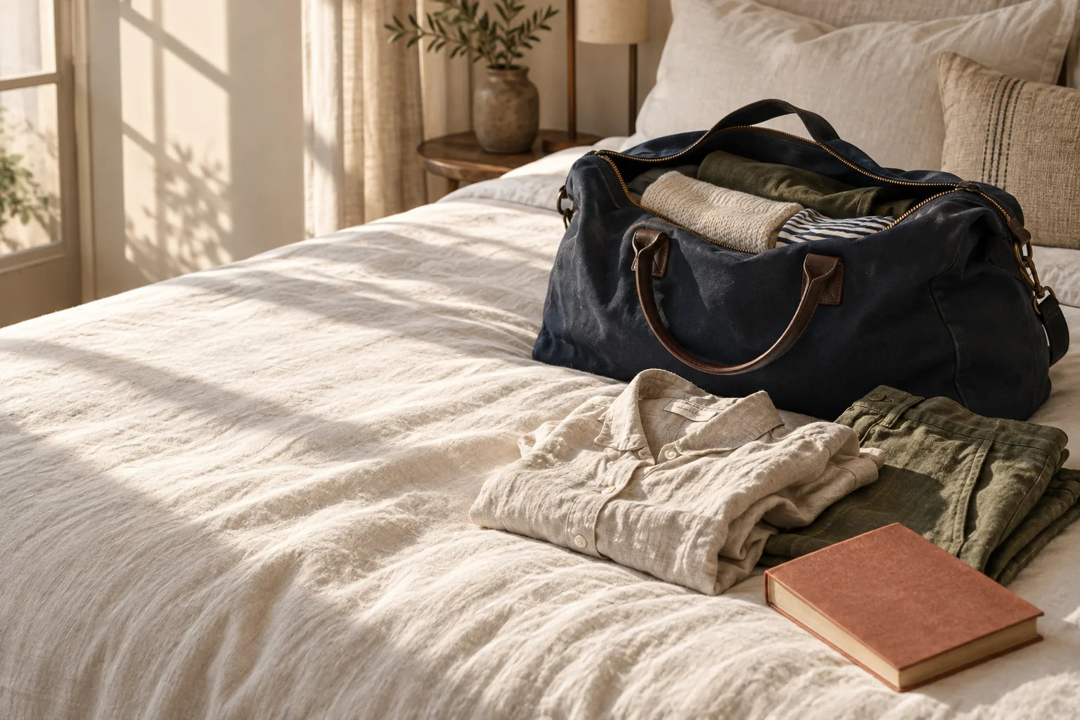 A navy weekender and folded clothes in warm window light